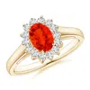 Angara Princess Diana Inspired Fire Opal Ring With Diamond Halo In Yellow Gold/orangish Bright Red