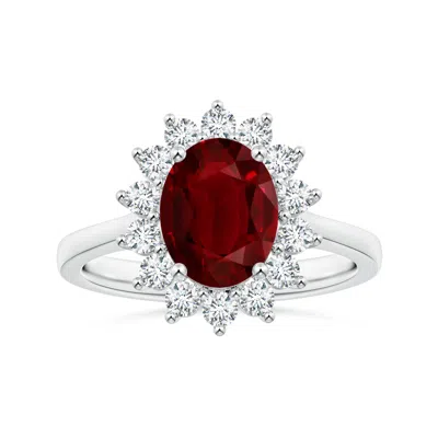 Angara Princess Diana Inspired Gia Certified Oval Ruby Halo Reverse Tapered Shank Ring In Metallic