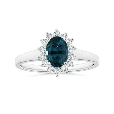Angara Princess Diana Inspired Gia Certified Oval Teal Sapphire Tapered Ring With Halo In Metallic