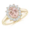 Angara Princess Diana Inspired Morganite Ring With Diamond Halo In Yellow Gold/peachy Pink