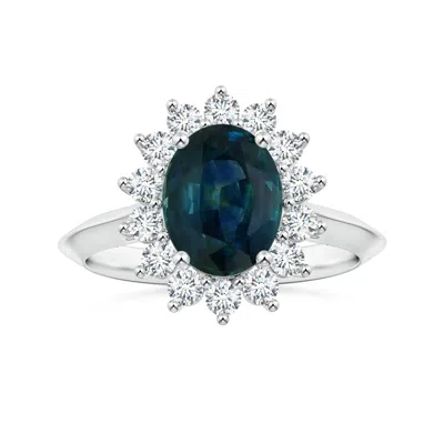 Angara Princess Diana Inspired Oval Teal Sapphire Knife-edge Shank Ring With Halo In Blue