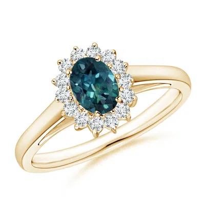 Angara Princess Diana Inspired Teal Montana Sapphire Ring With Halo In Gold
