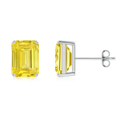 Angara Prong-set Emerald-cut Lab-grown Fancy Intense Yellow Diamond Solitaire Stud Earrings