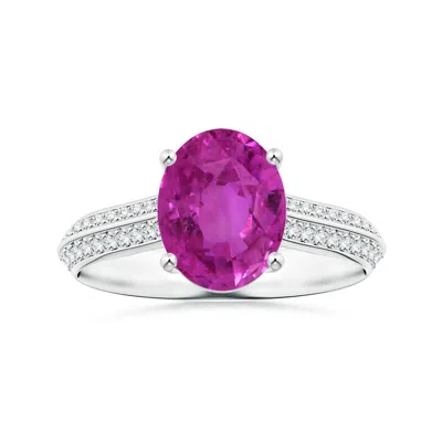 Angara Prong-set Gia Certified Oval Pink Sapphire Knife Edge Ring With Diamonds In Gold