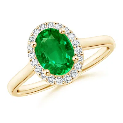 Angara Prong-set Oval Lab-grown Emerald And Diamond Halo Engagement Ring In Gold