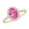 Angara Prong-set Oval Pink Sapphire Halo Ring With Diamonds In Yellow Gold/medium Pink