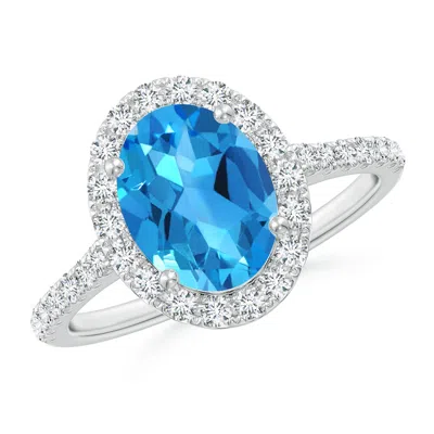 Angara Prong-set Oval Swiss Blue Topaz Halo Ring With Diamonds In White