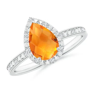 Angara Prong-set Pear-shaped Citrine Ring With Beaded Halo In Metallic