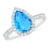 Angara Prong-set Pear Swiss Blue Topaz Ring With Beaded Halo In White Gold/light Swiss Blue