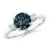 Angara Prong-set Round 3 Stone Lab-grown Alexandrite And Diamond Ring In White Gold/bluish Green Changing To Brownish Or Pinkish Purple