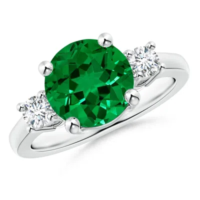 Angara Prong-set Round 3 Stone Lab-grown Emerald And Diamond Engagement Ring In Green