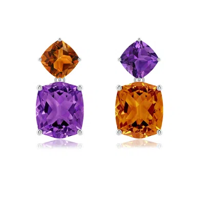 Angara Rectangular Cushion Amethyst & Citrine Mismatch Earrings In Multi