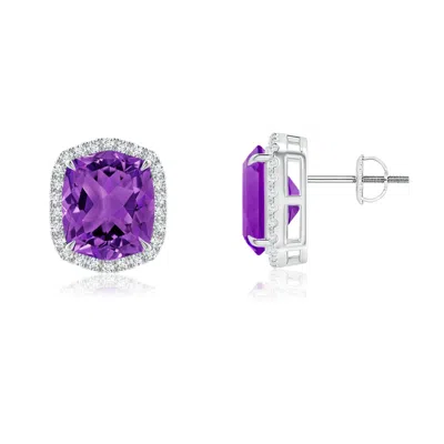Angara Rectangular Cushion Amethyst Halo Stud Earrings In Purple