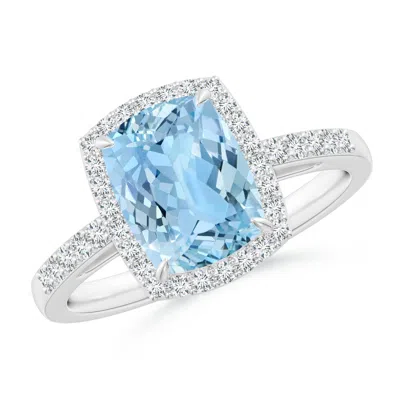 Angara Rectangular Cushion Aquamarine Halo Engagement Ring In Blue