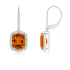Angara Rectangular Cushion Citrine Halo Dangle Earrings In White Gold/deep Golden