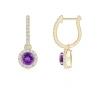 Angara Round Amethyst Dangle Earrings With Diamond Halo In Yellow Gold/medium Dark Purple