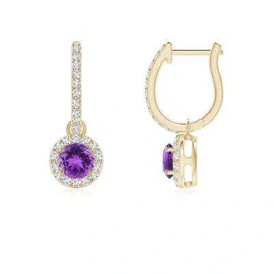 Angara Round Amethyst Dangle Earrings With Diamond Halo In Gold