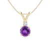 Angara Round Amethyst Solitaire V-bale Pendant With Diamond In Yellow Gold/medium Dark Purple