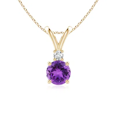 Angara Round Amethyst Solitaire V-bale Pendant With Diamond In Gold