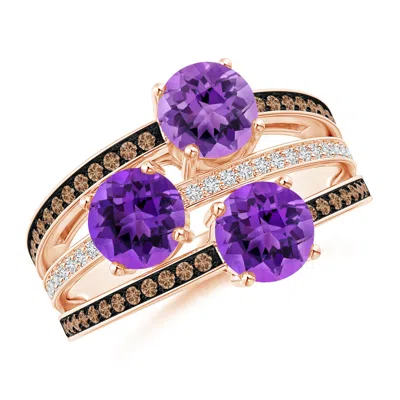 Angara Round Amethyst Three Stone Multi Row Ring