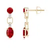 Angara Round And Oval Ruby Dangle Earrings With Diamond Accents In Yellow Gold/medium Red