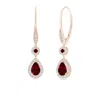 Angara Round And Pear Ruby Halo Leverback Earrings In Rose Gold/deep Rich Red