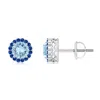 Angara Round Aquamarine And Sapphire Halo Stud Earrings In White Gold/light Swiss Blue
