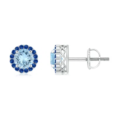 Angara Round Aquamarine And Sapphire Halo Stud Earrings In Metallic