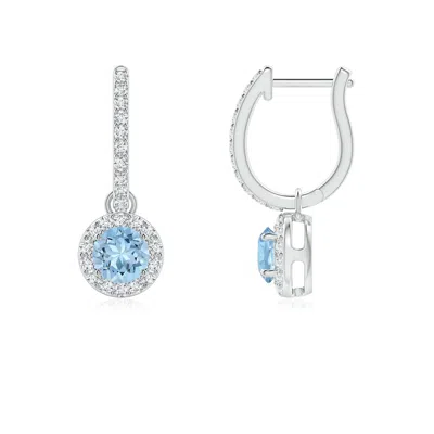Angara Round Aquamarine Dangle Earrings With Diamond Halo In Blue