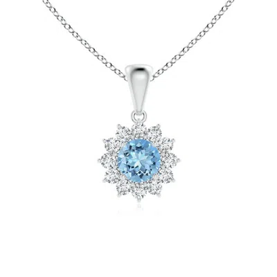 Angara Round Aquamarine Flower Pendant With Diamond Halo In Metallic