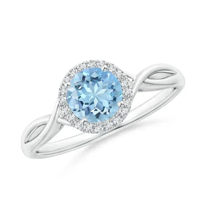 Angara Round Aquamarine Halo Ring With Criss Cross Shank In Blue