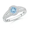 Angara Round Aquamarine Split Shank Ring With Diamond Halo In White Gold/light Swiss Blue