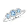 Angara Round Aquamarine Three Stone Halo Ring With Diamonds In White Gold/light Swiss Blue