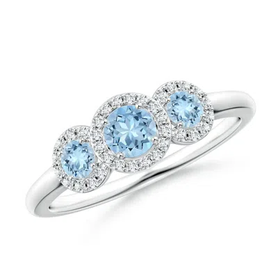 Angara Round Aquamarine Three Stone Halo Ring With Diamonds In Metallic