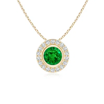 Angara Round Bezel-set Emerald Pendant With Diamond Halo In Green