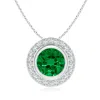 Angara Round Bezel-set Lab-grown Emerald Pendant With Diamond Halo In White Gold/rich Green