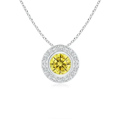 Angara Round Bezel-set Lab-grown Fancy Intense Yellow Diamond Pendant With Halo In Metallic