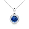 Angara Round Blue Sapphire And Diamond Halo Pendant In White Gold/medium To Rich Blue