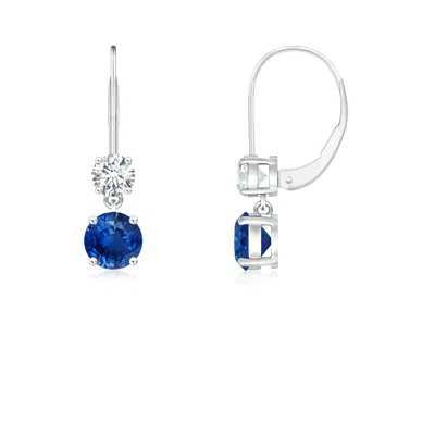 Angara Round Blue Sapphire Leverback Dangle Earrings With Diamond In Metallic