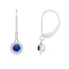 Angara Round Blue Sapphire Leverback Halo Dangle Earrings In White Gold/medium To Rich Blue