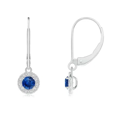 Angara Round Blue Sapphire Leverback Halo Dangle Earrings