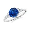 Angara Round Blue Sapphire Side Stone Engagement Ring With Diamonds In White Gold/medium To Rich Blue