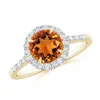 Angara Round Citrine Engagement Ring With Diamond Halo In Yellow Gold/deep Golden