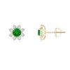 Angara Round Emerald And Diamond Flower Stud Earrings In Yellow Gold/rich Green