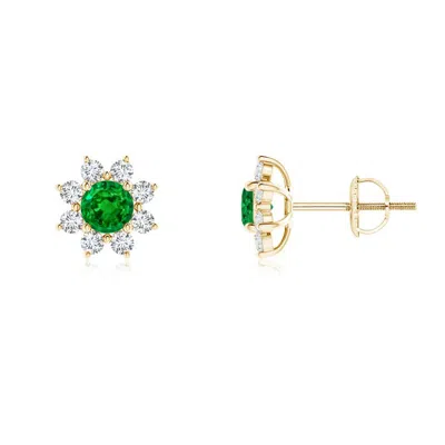 Angara Round Emerald And Diamond Flower Stud Earrings In Green