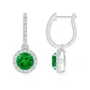 Angara Round Emerald Dangle Earrings With Diamond Halo In White Gold/rich Green