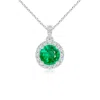 Angara Round Emerald Dangle Pendant With Diamond Halo In White Gold/rich Medium Green