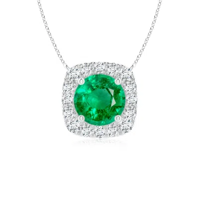 Angara Round Emerald Pendant With Cushion Halo In Green