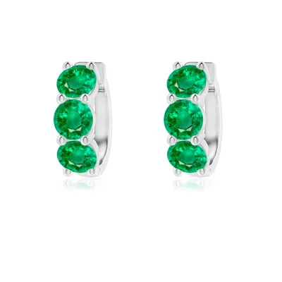 Angara Round Emerald Three Stone Hoop Earrings In Green