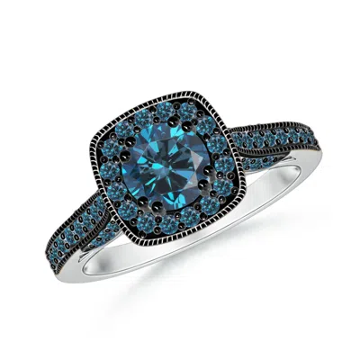 Angara Round Enhanced Blue Diamond Cushion Halo Ring With Milgrain